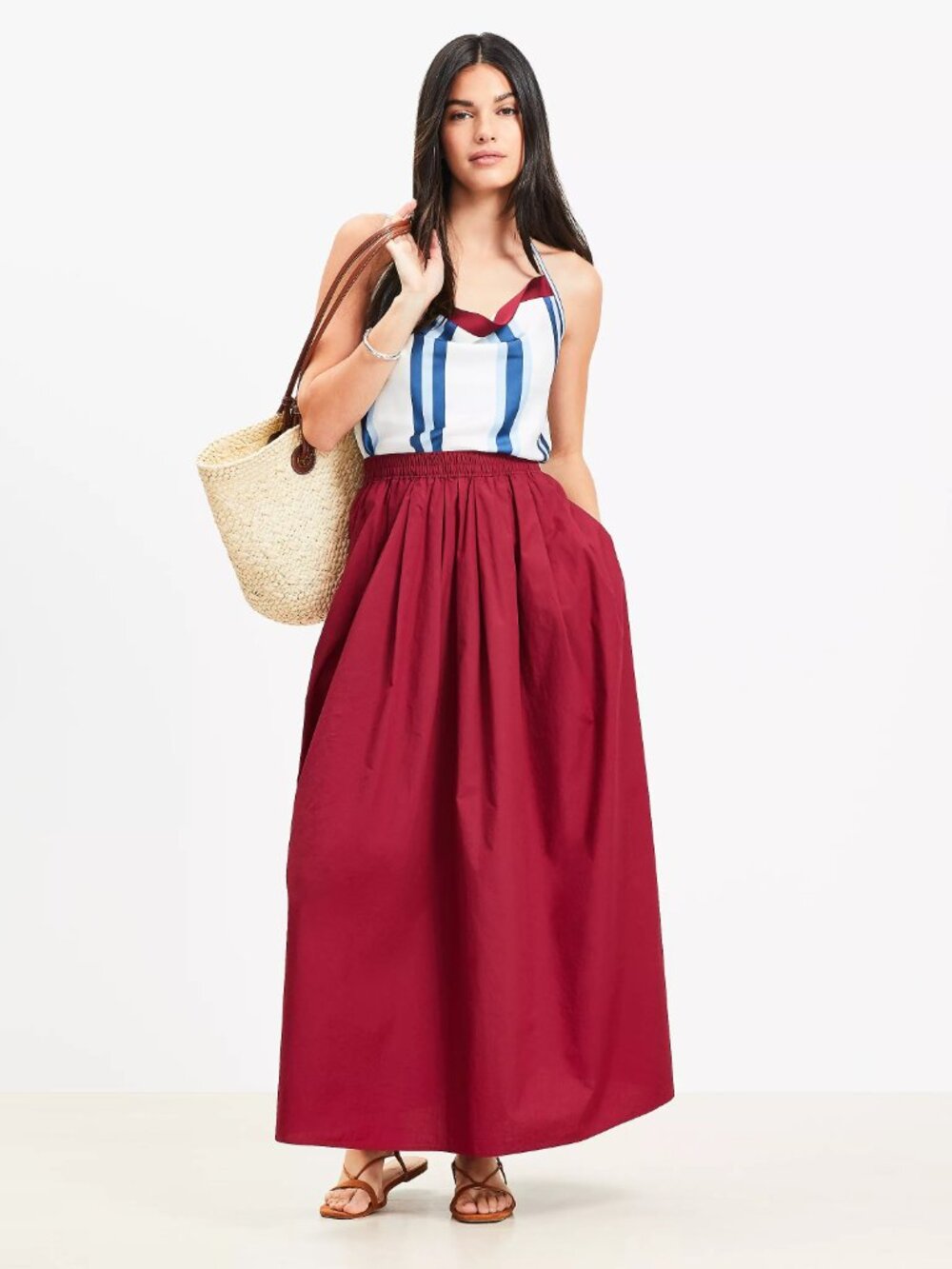 LOFT Poplin Pleated Maxi Pocket Skirt - Crimson Burgundy NWT